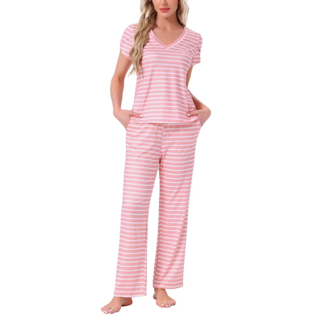 Pijamas para mujeres INSPIRE CHIC, camiseta de cuello en V de manga corta con pantalones de tiro ajustable, conjuntos de lounge impresos con bolsillos, M, rayas rosas