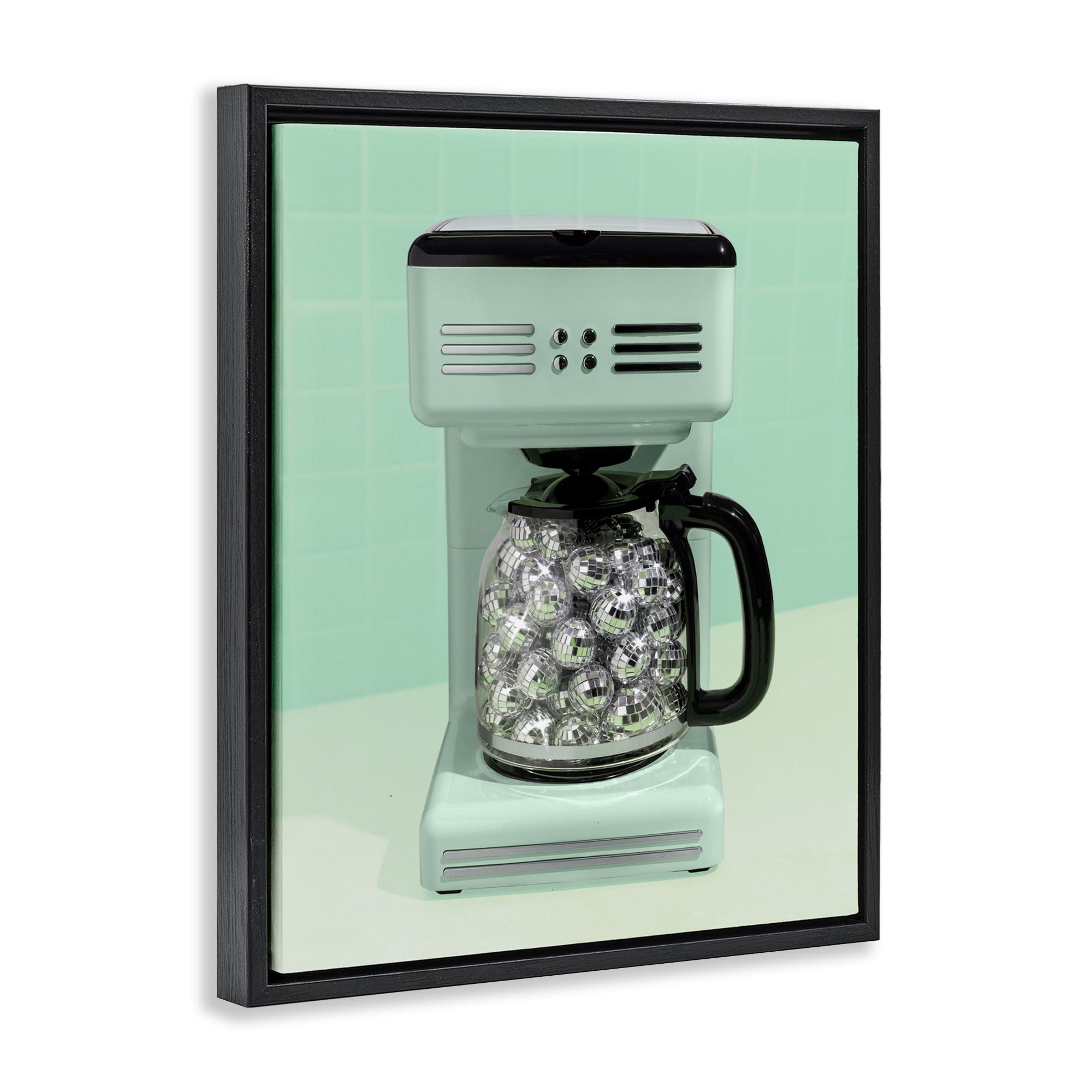 Stupell Industries Disco Coffee Maker over Green Black Framed Floater Canvas Wall Art, design by LISH Creative
