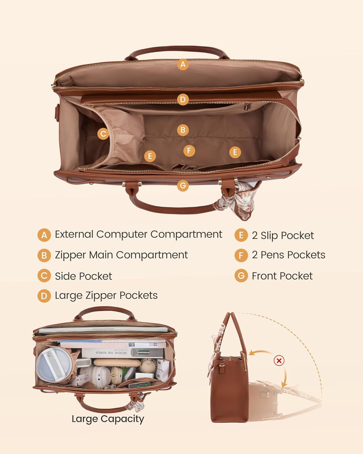 LOVEVOOK Laptop Tote Bag for Women, PU Leather Work Bag Waterproof Briefcase Handbag for Teacher Business with Silk Scarf