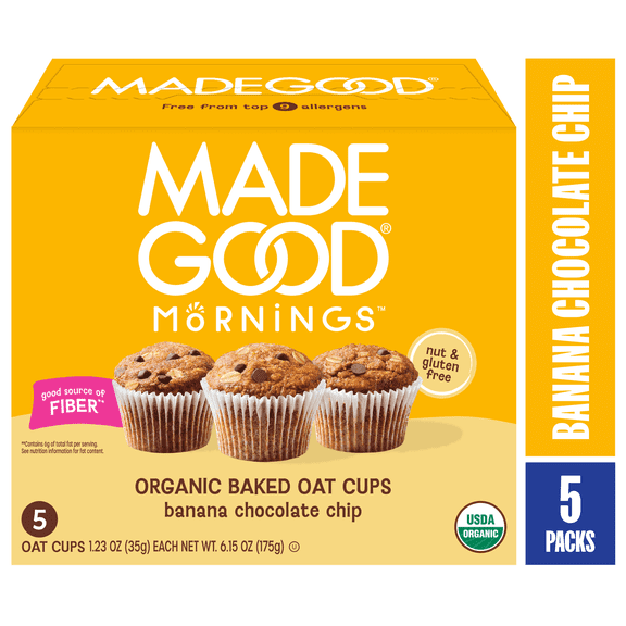MadeGood Mornings Organic Chocolate Banana Baked Oat Cups, 5 Count, 1.23oz