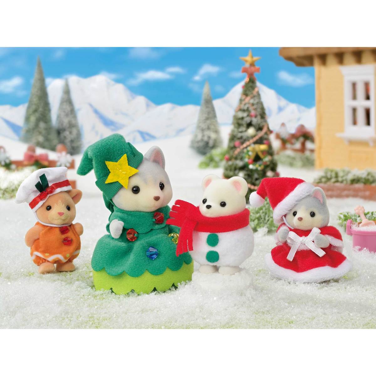 Calico Critters Christmas Holiday Themed Husky & Baby Figurines, Set of 4