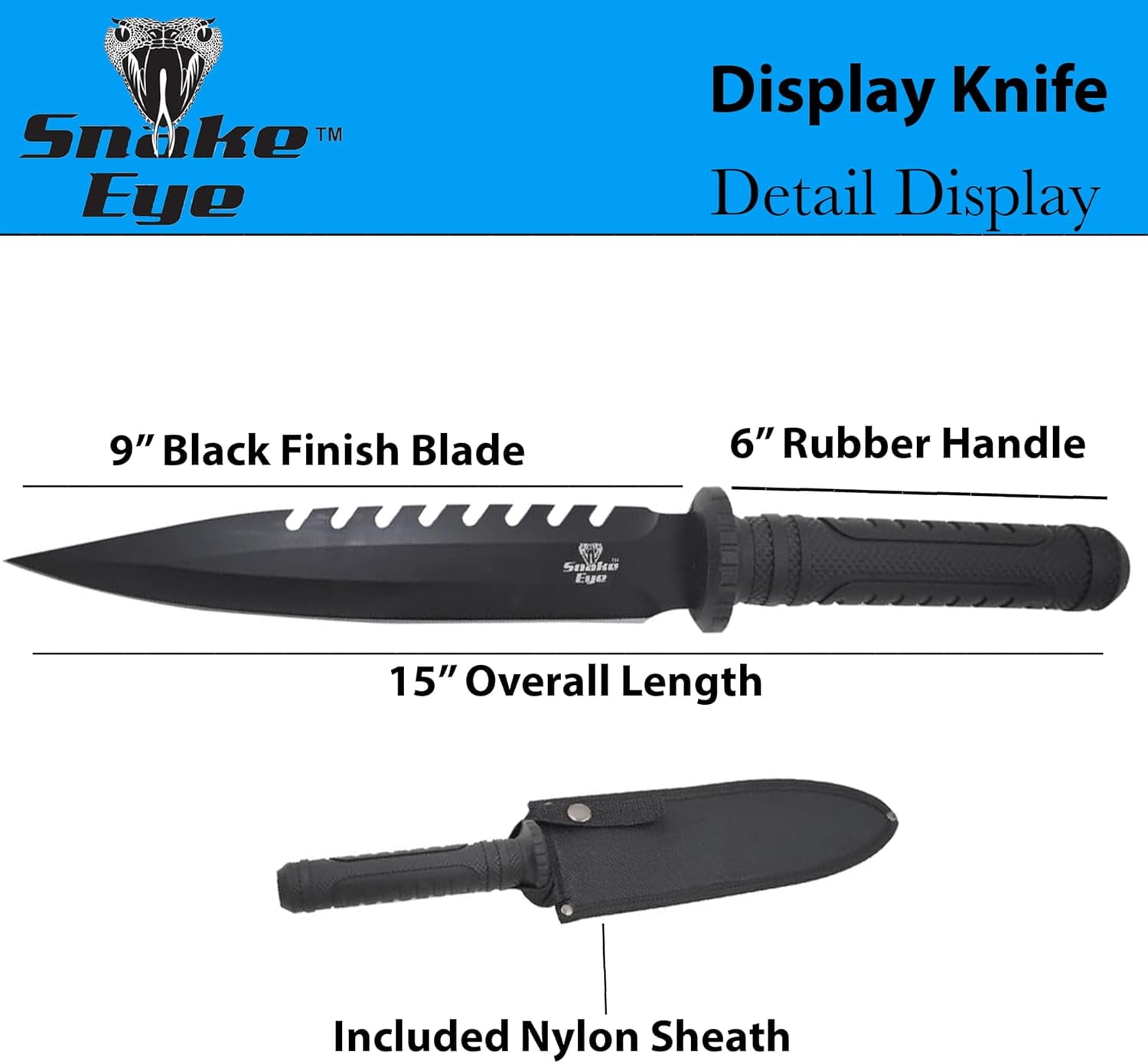 Snake Eye Tactical 15" Fixed Blade Hunting Knife - 9" Sawback Stainless Steel Blade w/ Nylon Sheath