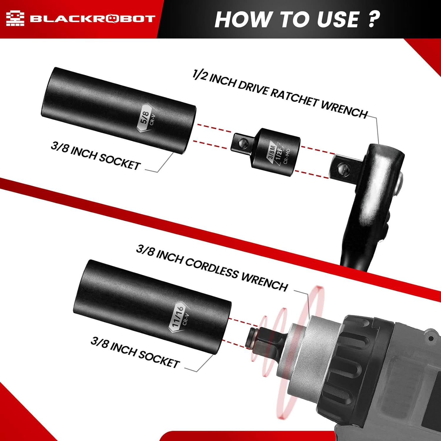 3/8" Drive Impact Socket Set, 45 Pieces Standard SAE (1/4" to 3/4") and Metric (6-22 mm), 6 Point, 72-Tooth Ratchet Handle, 6" Extension Bar, Adapters, Universal Joint, Spark Plug Socket