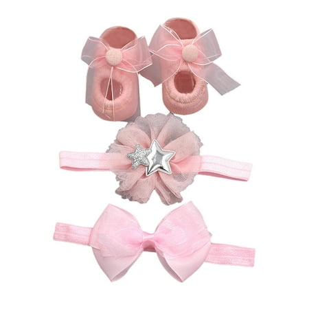 

nsendm Girls Tube Socks Kids Infant Boys Girls Socks Bowknot Hairband Infant Shoes 3pcs Set Socks for Girls E One Size