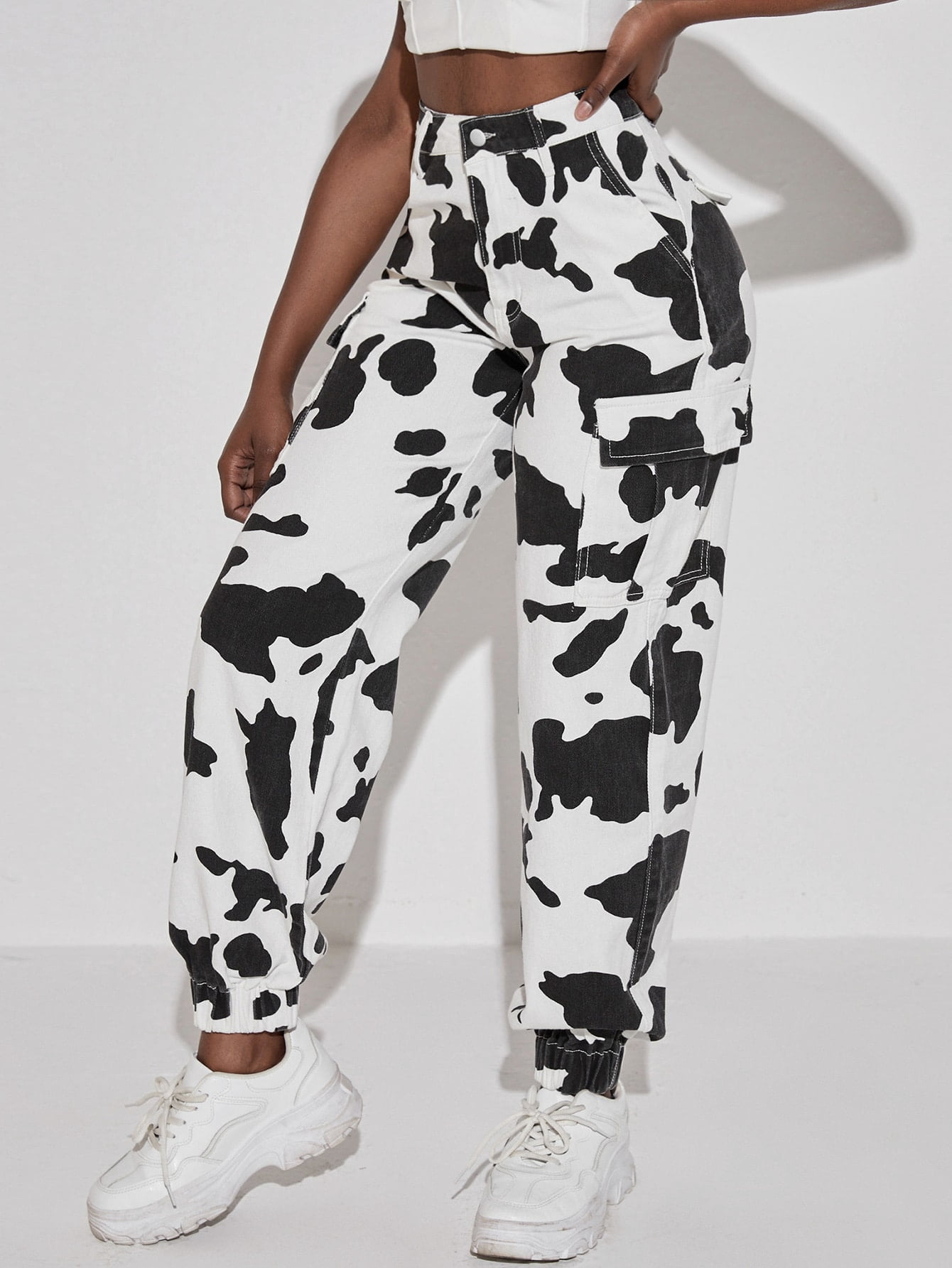 Cow Print Flap Pocket Cargo Jeans 2022 