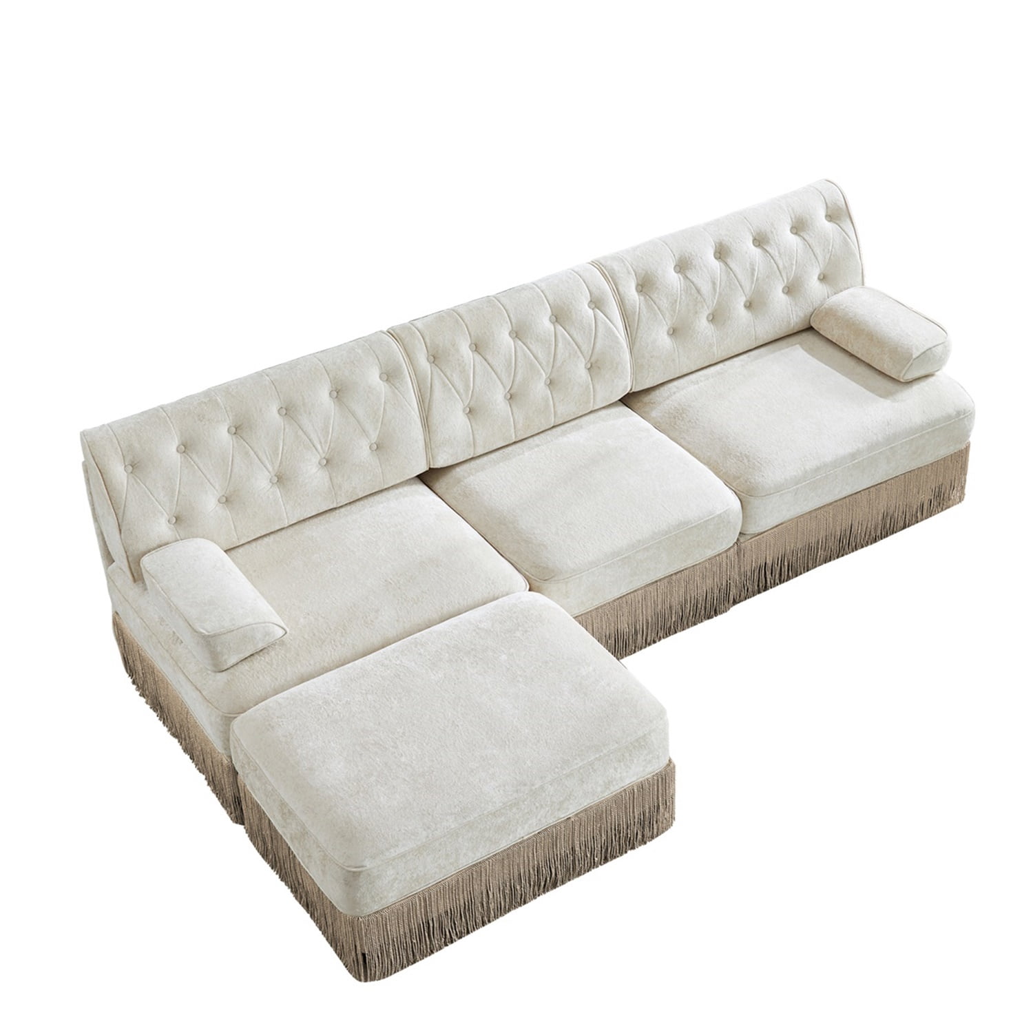 Hommoo 3-Seater Chesterfield Style Velvet Fabric L-Shaped Sectional Sofa, Tufted Button Upholstered Design and Floor-grazing Tassel, Free Combination Sofa Couch Set, for Home, Beige