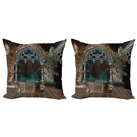 Ambesonne Gothic Throw Pillow Cover 2 Pack, Old Gateway to Forest, 20", Grey Teal