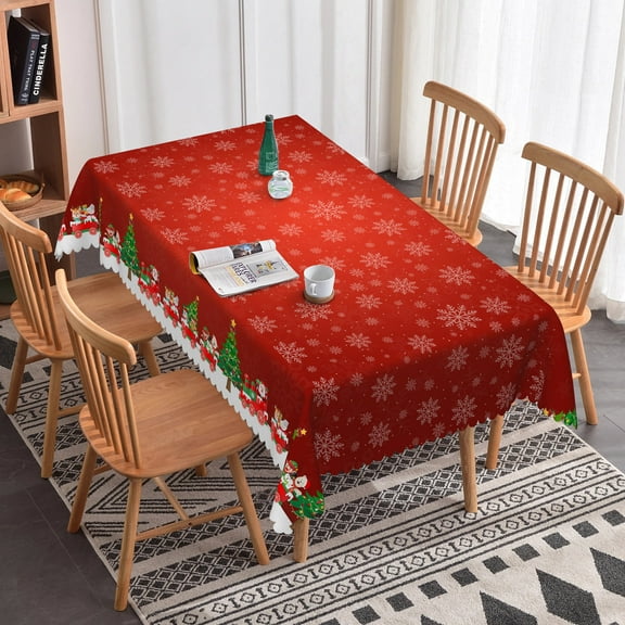 Nanqianyi Christmas Red Tablecloth 60×84 Inch, Winter Santa Claus Train and Snowflake Printed Pattern for Xmas Party Dinner Decoration