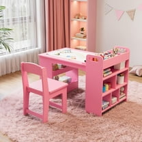 Garvee Kids Art Table Set,  Toddler Craft Play Wood Activity Desk with 2 Chairs, Large Storage Shelves for Writing Drawing, Nursery Home, Pink