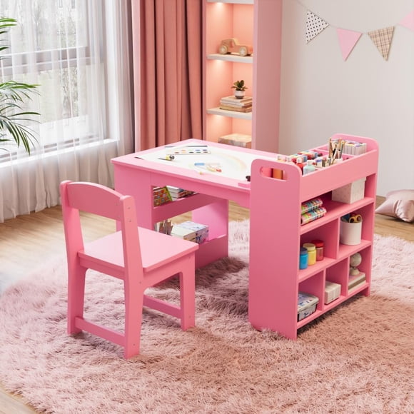 49 in Kids Art Table, Large Kids Craft Table with 2 Chairs, Multi-Functional Art Desk with Storage Shelves for Children Room, Kindergarten, Playroom,School, White
