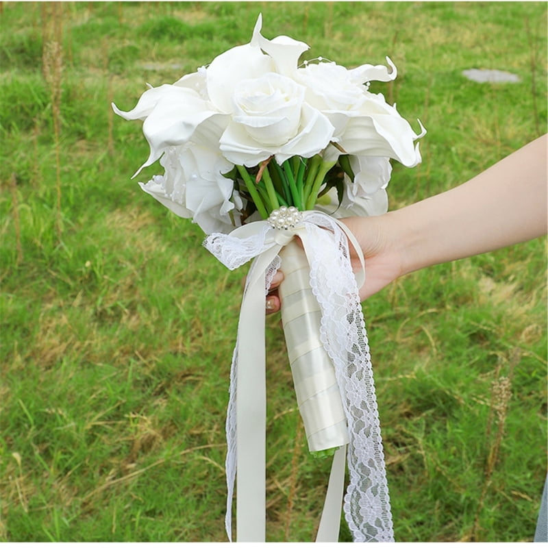 Elegant White Artificial Flower Bouquets For Bridal Party Decorations Gift Silk Calla Lilies Rose Bridal Accessory
