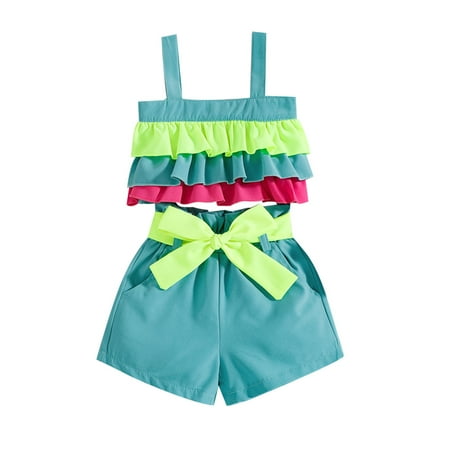 

Baby Girls Outfit Sets Sleeveless Ruffles Patchwork Colour Vest Tops Bowknot Shorts Outfits