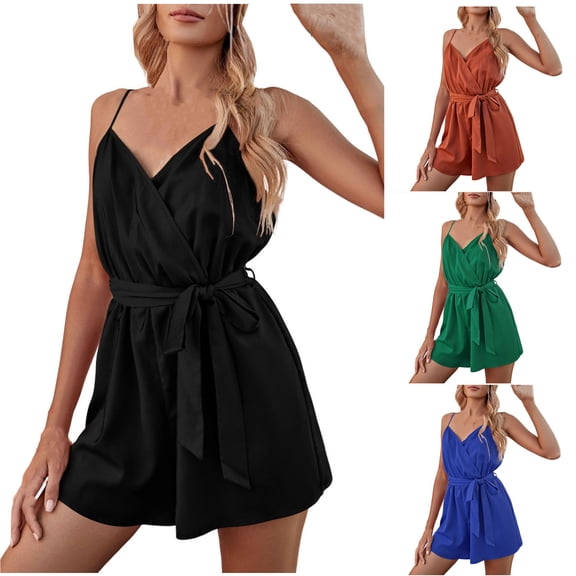 Fsshion 2 Piece of Outfits for Womens Plus Size Solid Color Loose Fitting Jumpsuit Shorts With V Neck Strap Backless Elastic Waist Jumpsuit Sleeveless V Neck Top Shirt Set
