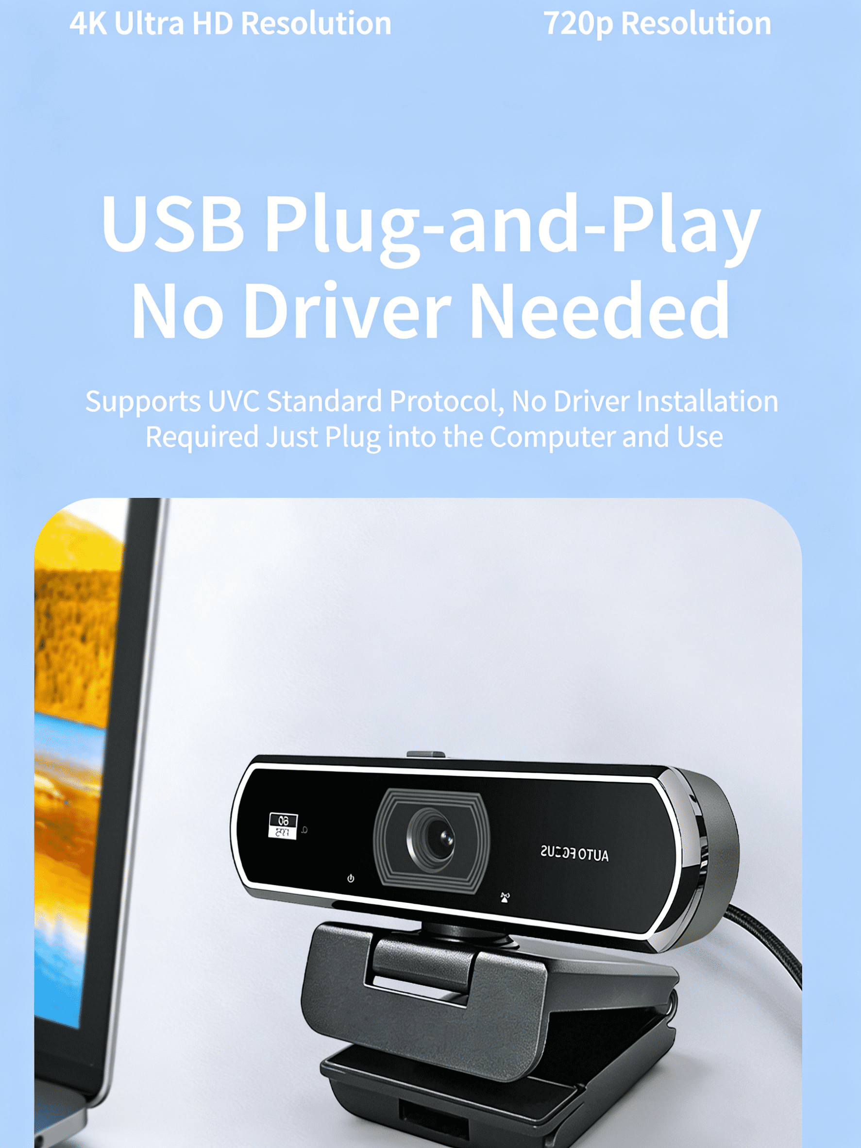 4K CMOS HD Webcam, Dual Mic Noise Reduction Auto Focus USB Plug&Play Web Camera for PC Mac Conference Live Streaming