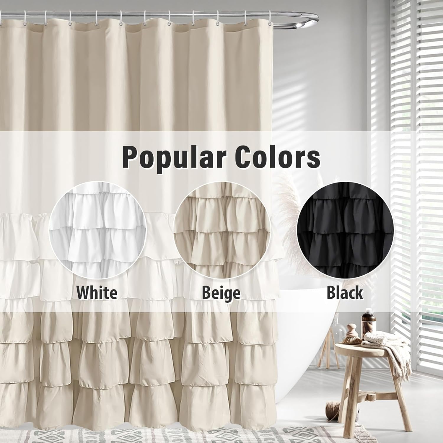 Seasonwood Farmhouse Shower Curtains Beige Ruffle Shower Curtain with Buttons & Ruffles for Bathroom,12pcs Hooks,72"x72"