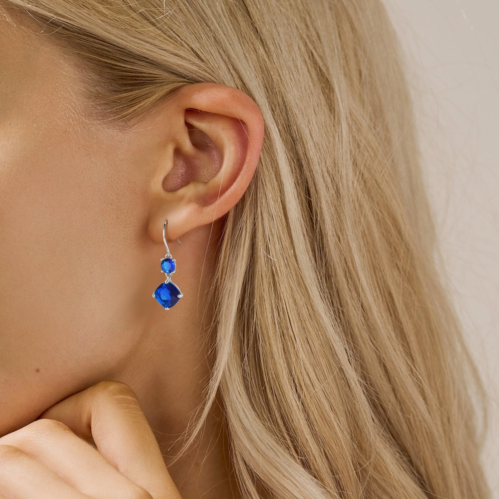 Juwaliy Women Blue Sapphire Dangle Earrings 925 Sterling Silver Hook September Birthstone Earring Cushion Jewelry Birthday Christmas Mother's Day Gift