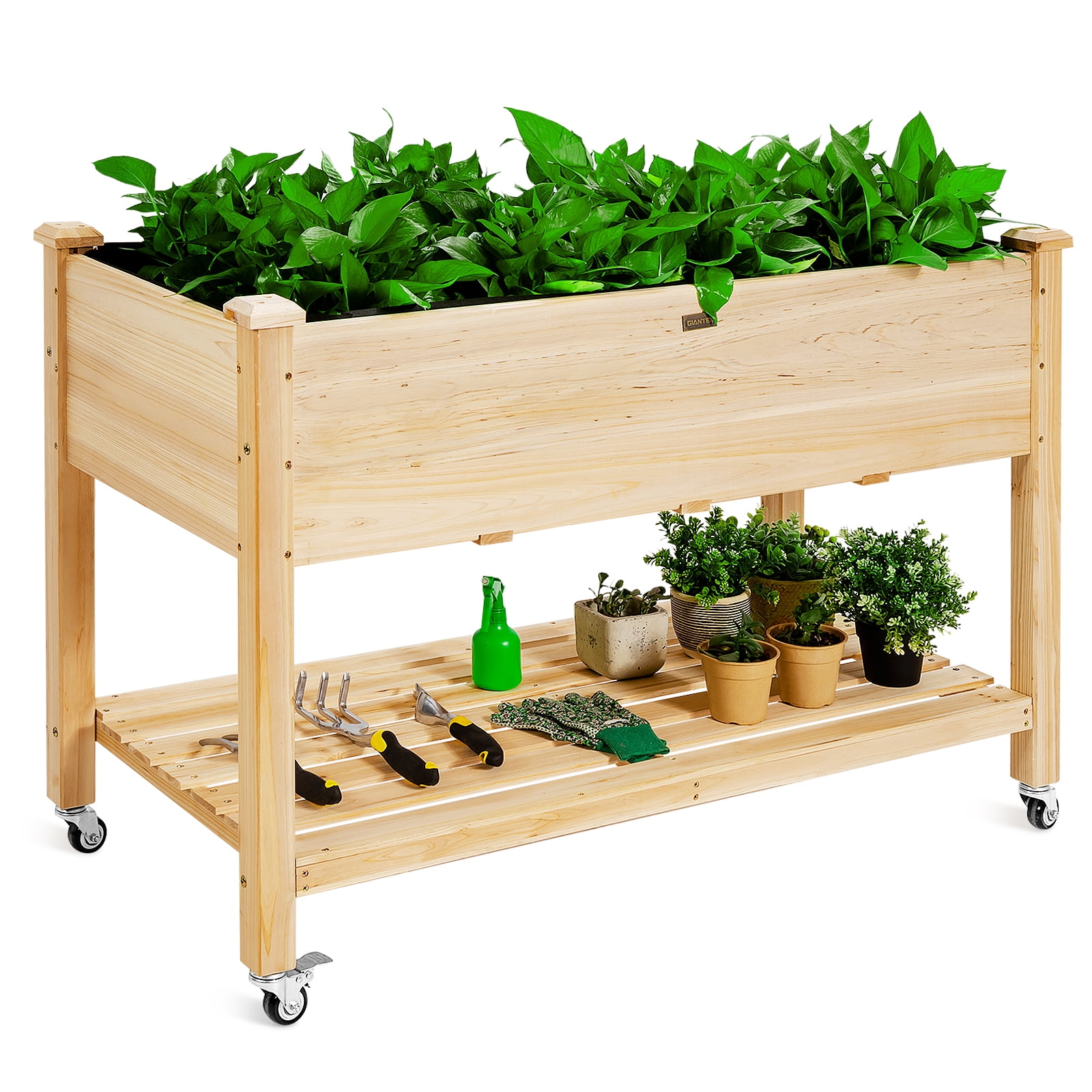 Topbuy Elevated Garden Bed Wood Planters with Storage Shelf Wheels