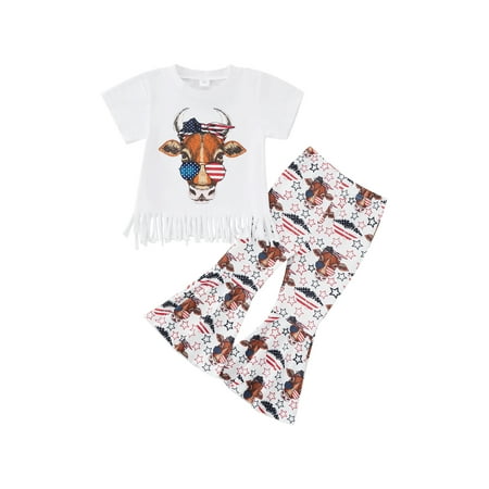 

Arvbitana 2Pcs Toddler Girl 4th of July Outfit Cow Head Print T-Shirt Tassel Tops American Flag Flared Pants Set Independence Day Clothes 1-6 Years