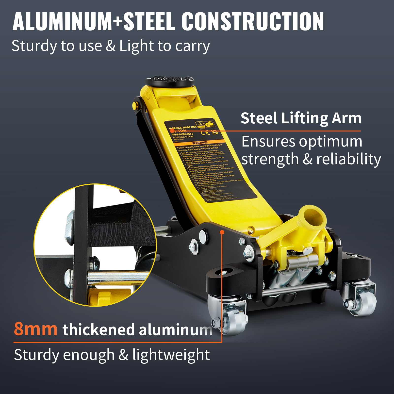 BENTISM Low Profile Floor Jack 2.5 Ton (5500 lbs), Aluminum and Steel Hydraulic Racing Floor Jack, Dual Piston Quick Lift Pump, 3-3/4"-18-7/10" Height Lifting Range, Yellow+Black