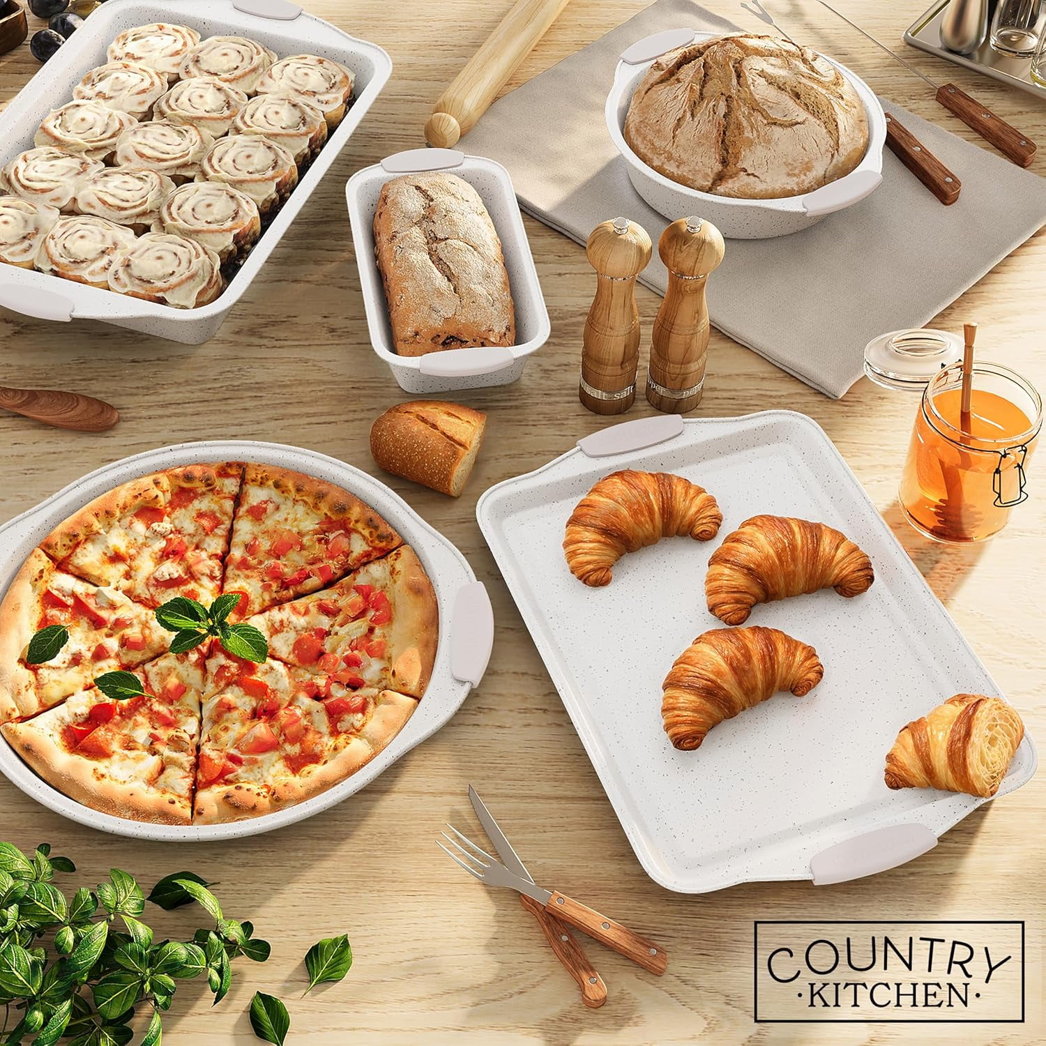 Country Kitchen 10-Piece Nonstick Bakeware Set - Stackable Pots and Pans, Cream
