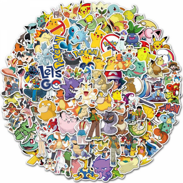 100Pcs Kids Pokémon Stickers Pack Cute Cartoon Characters Stickers Movie Decal Childrens Decorative Sticker for Kids Teens Adults Waterproof Stickers for Water Bottle Laptop Luggage A01