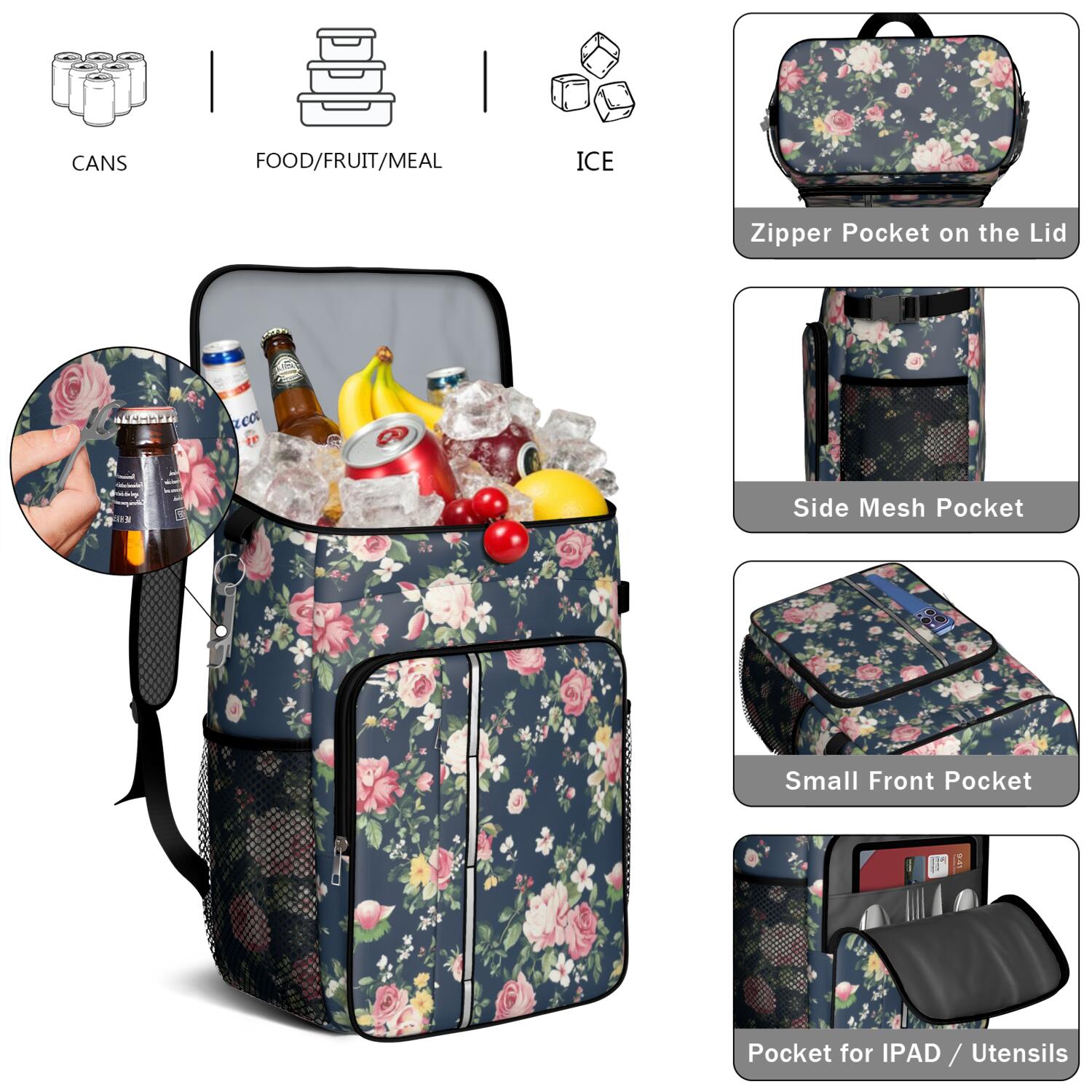 Travel Cooler Bag - Pioneer Flower Camping Beer Cooler Backpack with Bottle Opener- Waterproof Insulated Picnic Backpacks - Cooler Bag for Beach