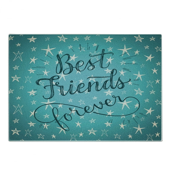 Saying Cutting Board, Best Friends Forever Message on Scribbled and Hatched Stars, Decorative Tempered Glass Cutting and Serving Board, Small Size, Pale Green Dark Teal, by Ambesonne