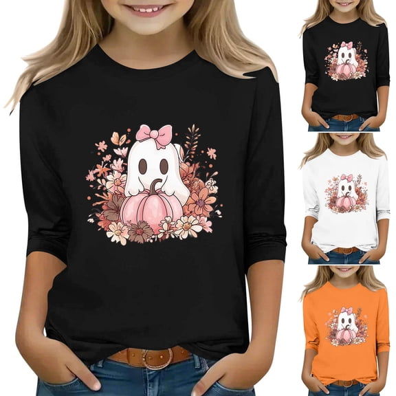 Feancey Halloween Tops for Girls 3/4 Sleeve Crewneck Tees Funny Cute Ghost Print T-Shirts Toddler Girl Casual Loose Tunics Spooky Season Blouse Black 3-4Years