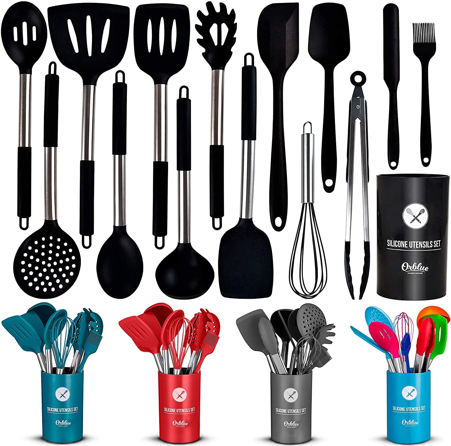 Safe Food-Grade Silicone Heads and Stainless Steel Handles with Heat-Proof Silicone Handle Covers 14-Piece Kitchen Utensils with Holder Blue ORBLUE Silicone Cooking Utensil Set 