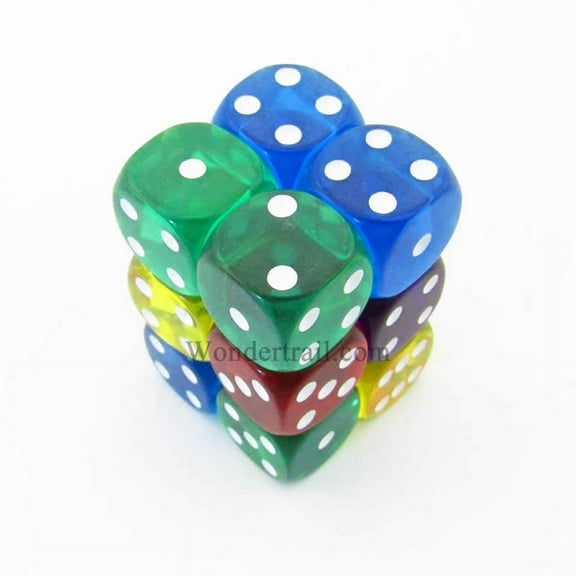 Assorted Transparent Dice with White Pips D6 16mm (5/8in) Pack of 12 Koplow Games