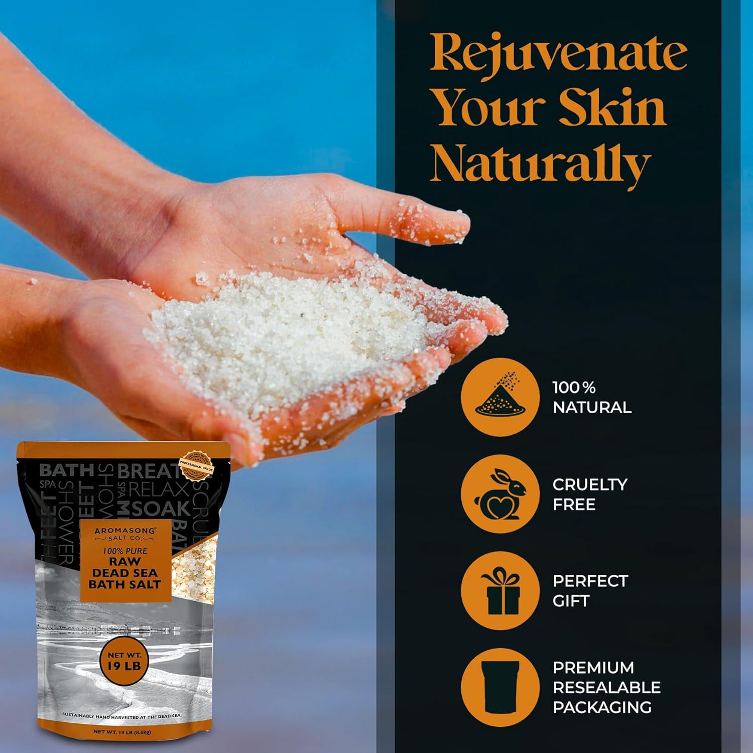 Aromasong Raw Dead Sea Bath Salt 19 LB – Minimally Cleaned, Mineral-Rich with Dead Sea Mud, 100% Pure Natural Soaking Salts