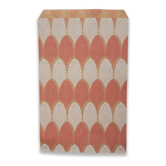 200 Qty 6" x 9" Decorative Flat Paper Gift Bags - Flamingo-Pink Leaf Pattern on Brown Kraft Bags - For Sales/Treats/Parties Cookies/Gifts - N'icePackaging