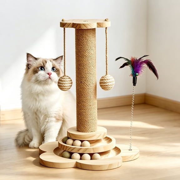 15 Inch Wooden Cat Scratching Post with 3-Tier Wide Stable Base, Natural Sisal Wrap Cat Scratcher, Hanging Ball & Feather Interactive Play Toy for Kittens
