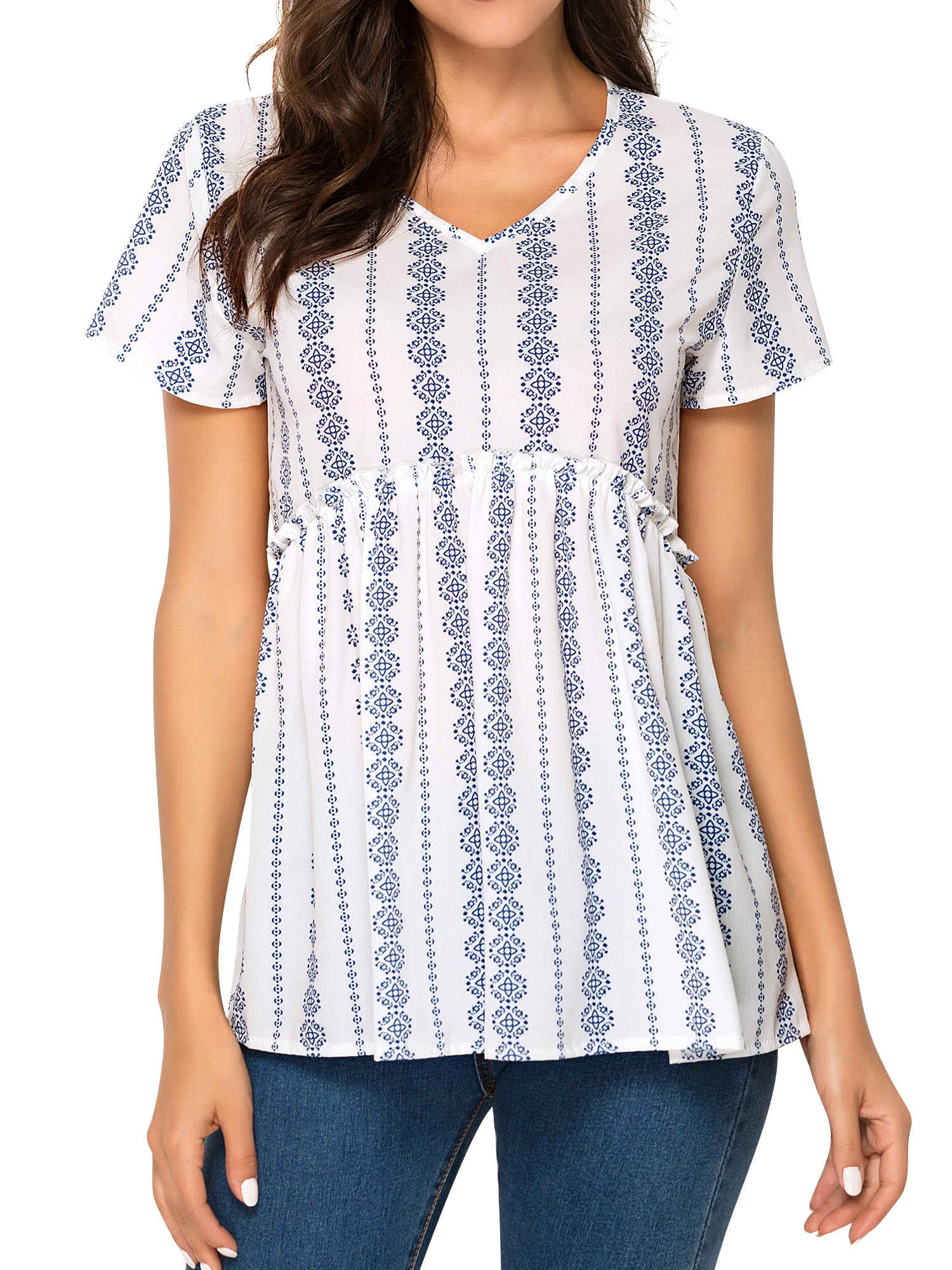 LiC-Store Women V Neck Button Down Blouses Tops Short Sleeves Flowers Printed T-Shirt