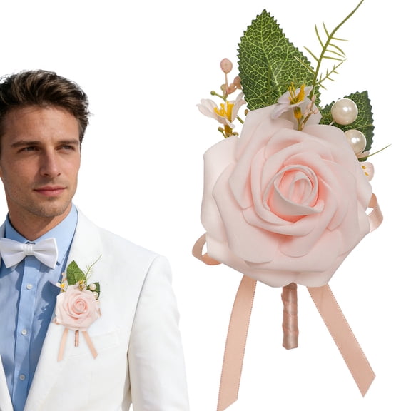 Dainty Boutonniere Satin Rose Flower Brooch Lapel Pins for Men Women Wedding Groom Groomsmen Bride Bridesmaid Artificial Flowers for Prom Homecoming Party Gift, 1 Pcs, 4.72x4.33"