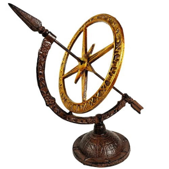 Urbalabs Iron Cast Hand Painted Golden Armillary Sundial Bronze Housing and Gold Painted Metal Disk Roman Numerals Compass Base Garden Themed Metal Decor Indoors Or Outdoors Iron Heavy-Duty