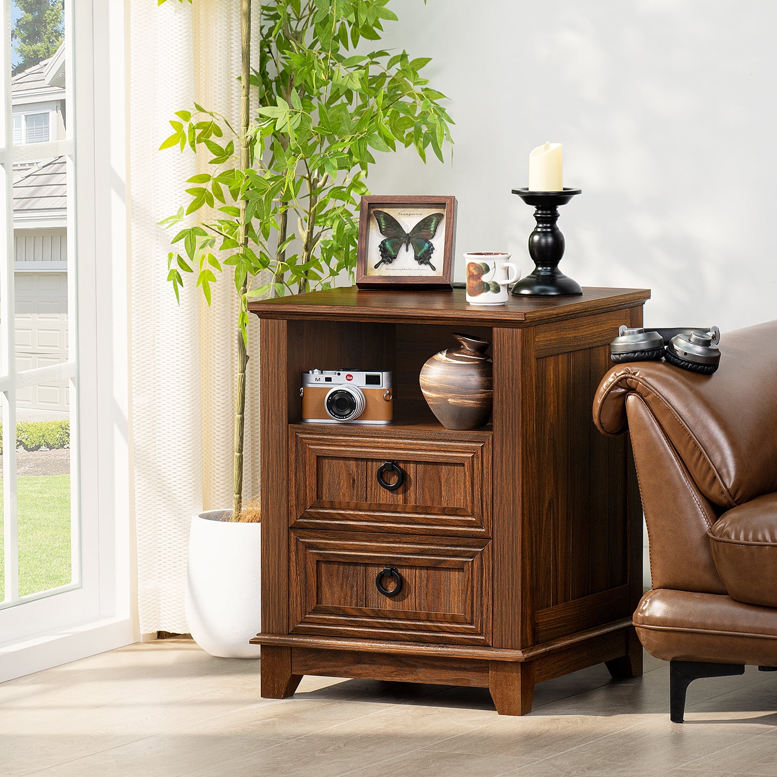 Joaxswe Nightstand with Charging Station Set of 2, Adult End Table Wooden Bedside Table with 2 Drawers for Living Room, Brown