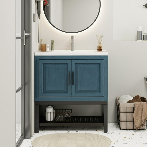 32 Inch Blue Bathroom Vanity with Ceramic Sink and Faucet, Freestanding Cabinet with 2 Storage Doors and Open Shelf, Modern Floor Standing for Bathroom Storage