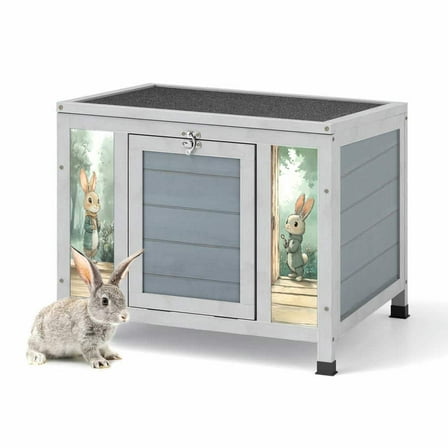 Yardi Yarda Small Wooden Rabbit Hutch with Lockable Door & Weatherproof Roof, Bunny Cage Pet House with Openable Top for Rabbits, Guinea Pigs Cats Chicks, Gray