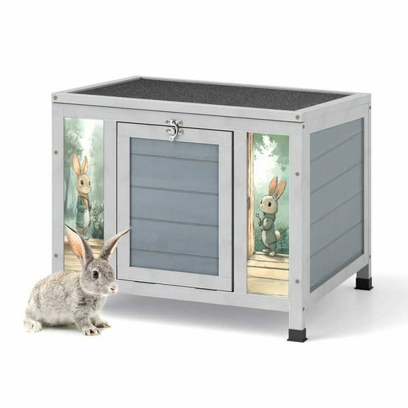 Yardi Yarda Small Wooden Rabbit Hutch with Lockable Door & Weatherproof Roof, Bunny Cage Pet House with Openable Top for Rabbits, Guinea Pigs Cats Chicks, Gray