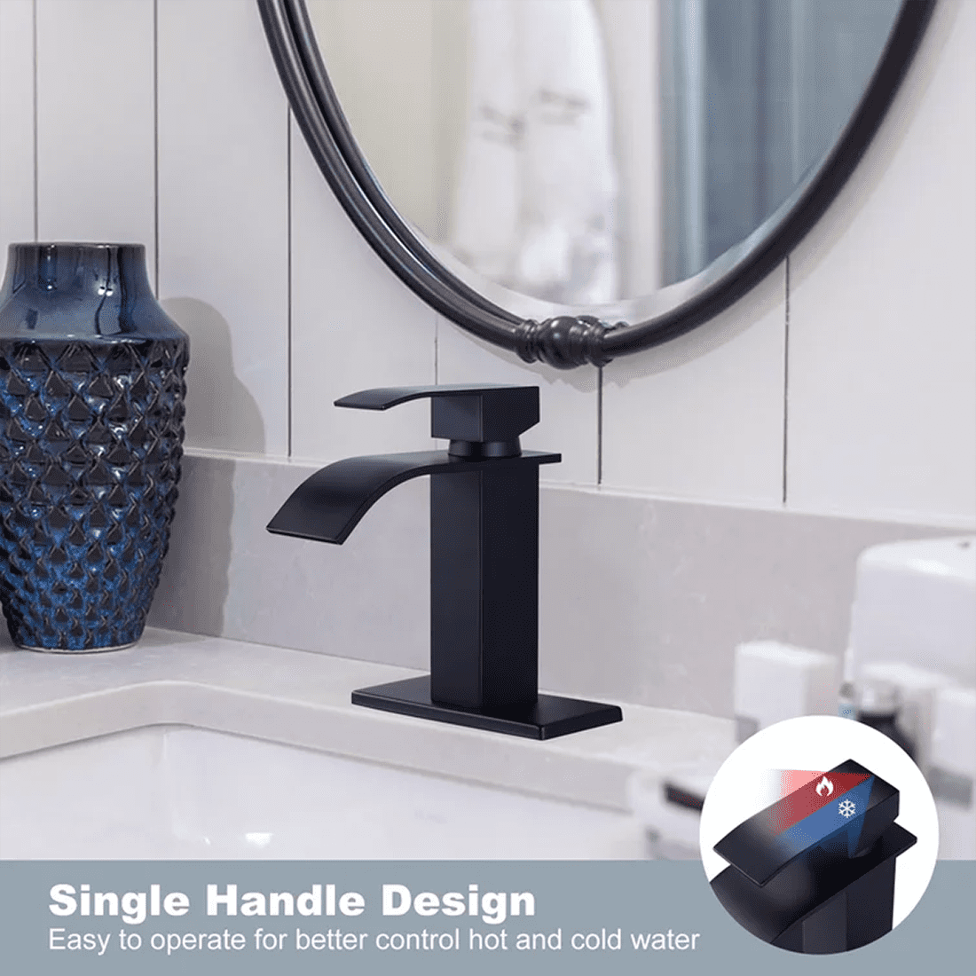 WOWOW Black Waterfall Bathroom Faucet Single Handle Faucet for Bathroom Sink