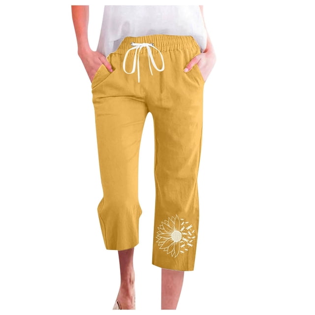 Womens Pants Spring Summer Lace Up Loose Slacks Solid Drawstring Capri Pants Pocket Yellow Loose Pants for Women S