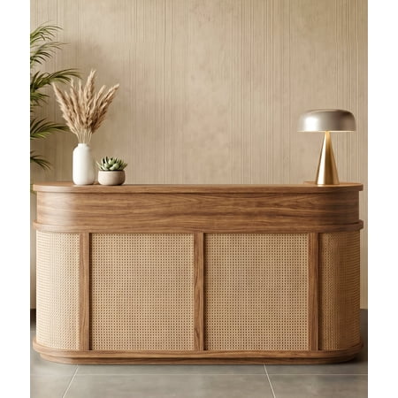 STICCIO Curved Rattan Reception Desk, 78.7 in Walnut Front Desk for Salon and Office