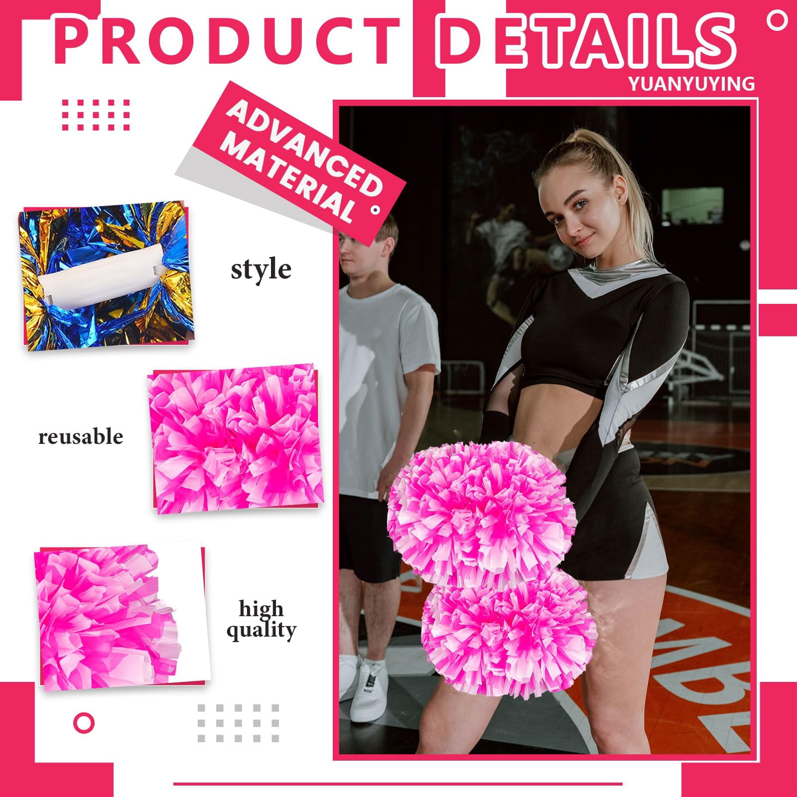 Cheer Pom Poms 20 Pcs with Handle, Cheerleading Handheld Squad Pompoms for Sports Team Cheer Spirit Games Dance Party Adults