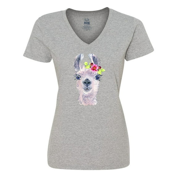 Inktastic Cute Llama with Flower Women's V-Neck T-Shirt