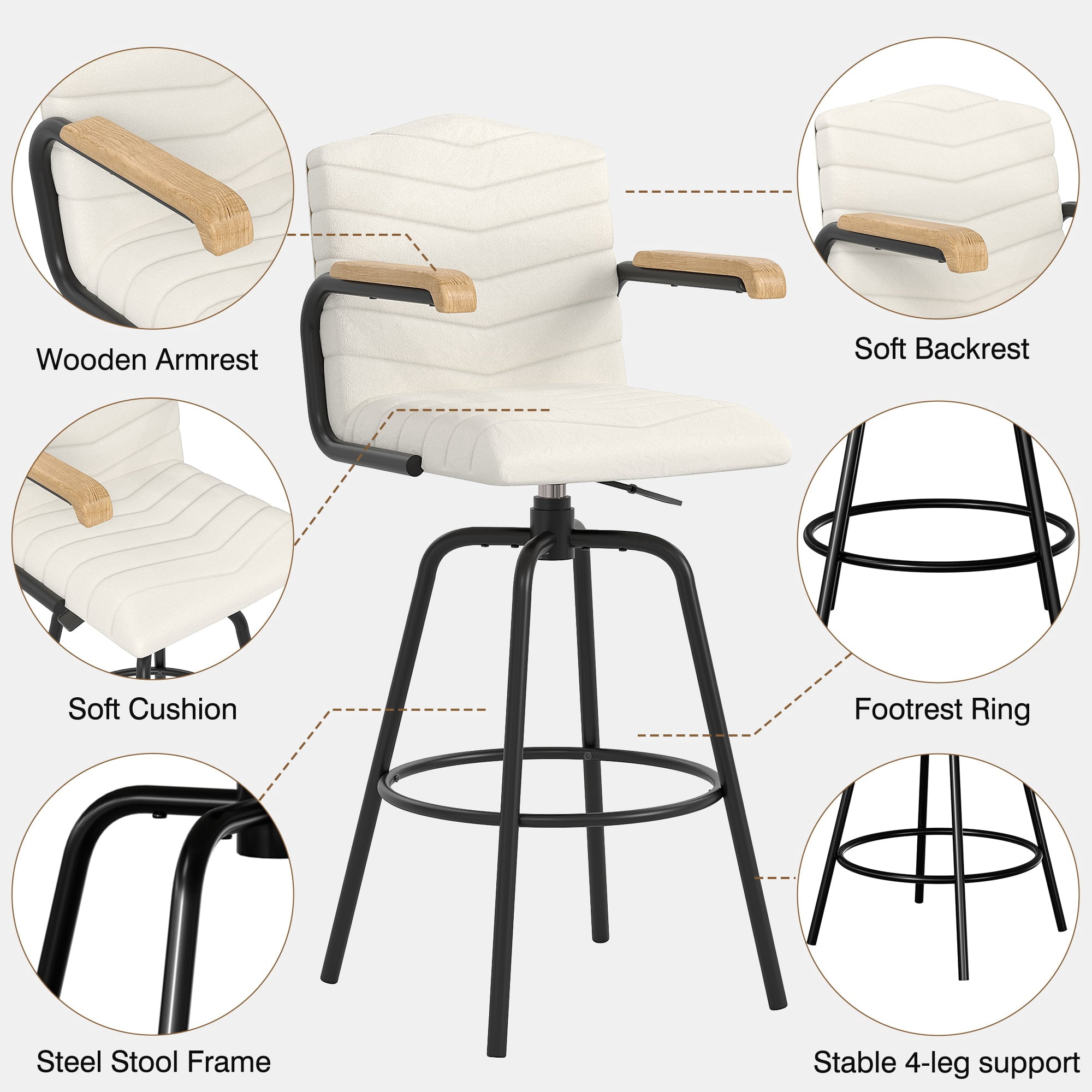VECELO Set of 4 Counter Height Swivel Bar Stools with Back and Armrest, Modern Velvet Upholstered Bar Chairs for Kitchen Island, Steel Stool Frame, Beige