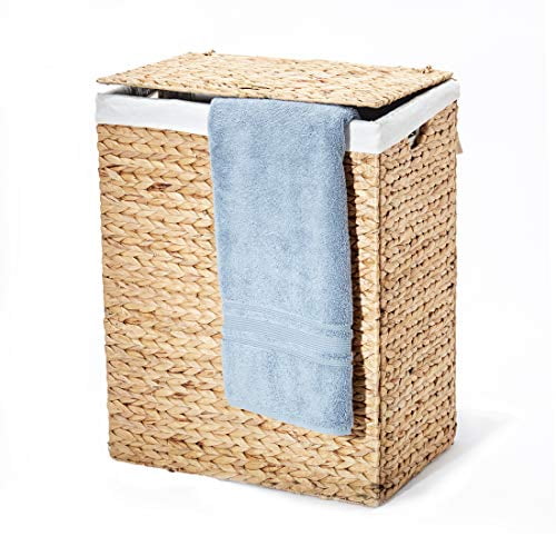 Seville Classics Handwoven Lidded Removable Washable Canvas Liner Portable Laundry Hamper Bin, Rectangular, Water Hyacinth