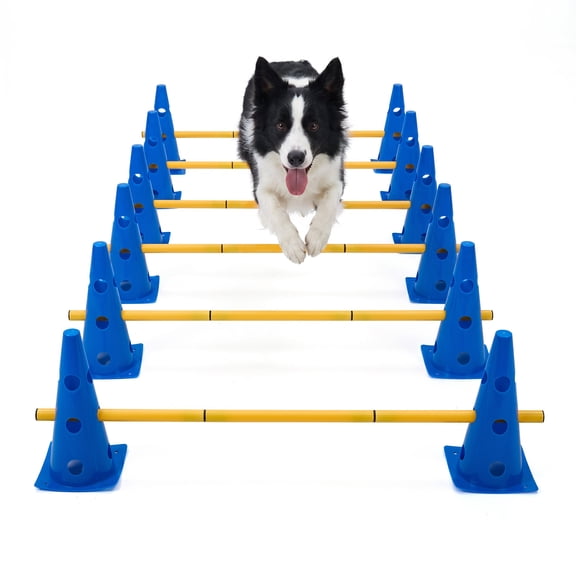 Dog Agility Training Equipment Set 12 Pack 32cm Plastic Cones with 6 Adjustable Jump Hurdle Rods Backyard Outdoor Obstacle Course Kit for Puppies Medium Large Dogs