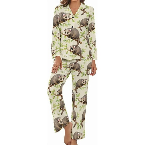 Top-kevin Womens Pajamas Set Possums Branches Leaves Flowers Soft Long Sleeve Sleepwear Button Down Sets