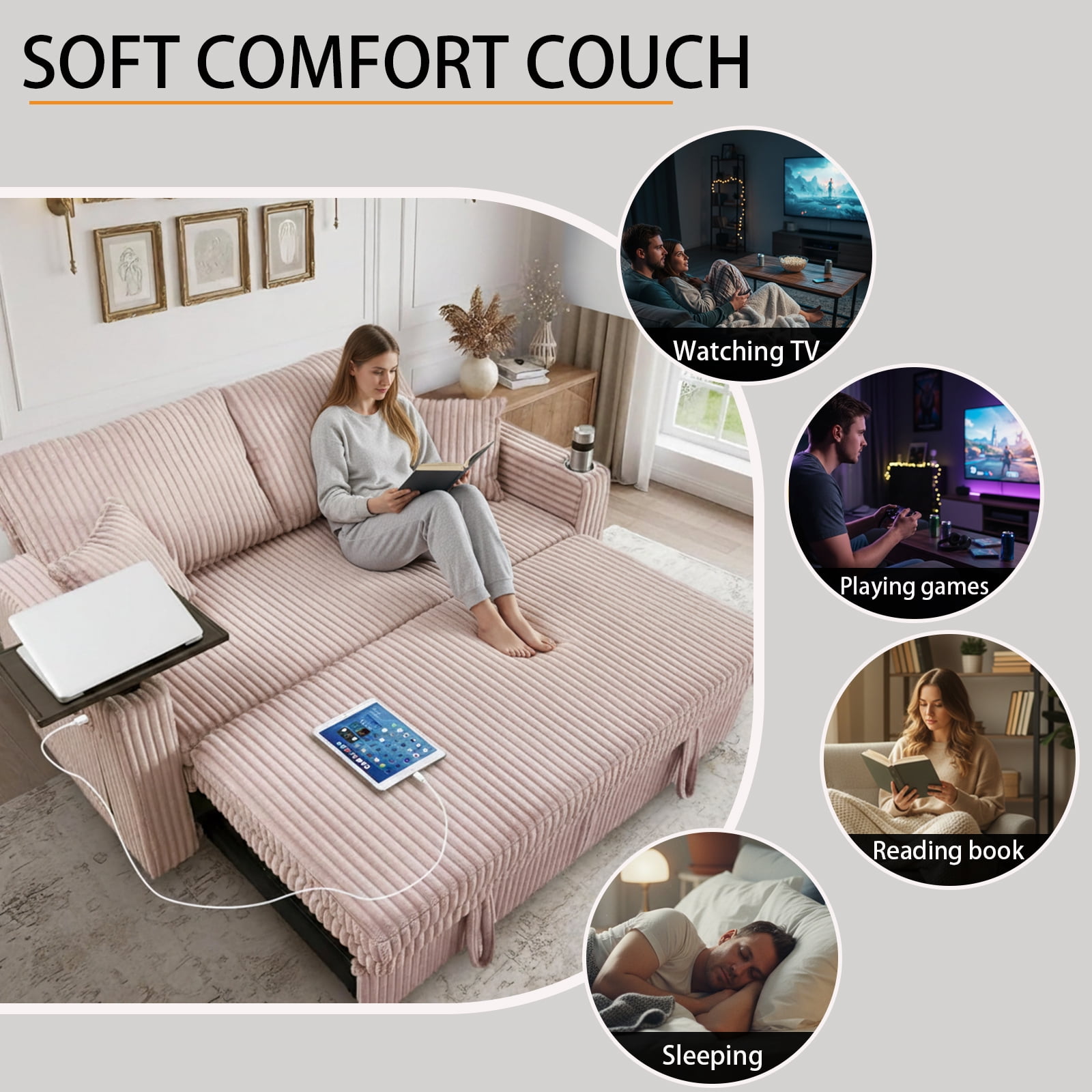 EPOWP 65'' Convertible Corduroy Sofa Bed with USB Charging Port & Swivel Side Table,3-in-1 Pull Out Couch with Adjustable Backrest,Futon Couches for Living Room,Bedroom, Guest Room,Easy Assembly